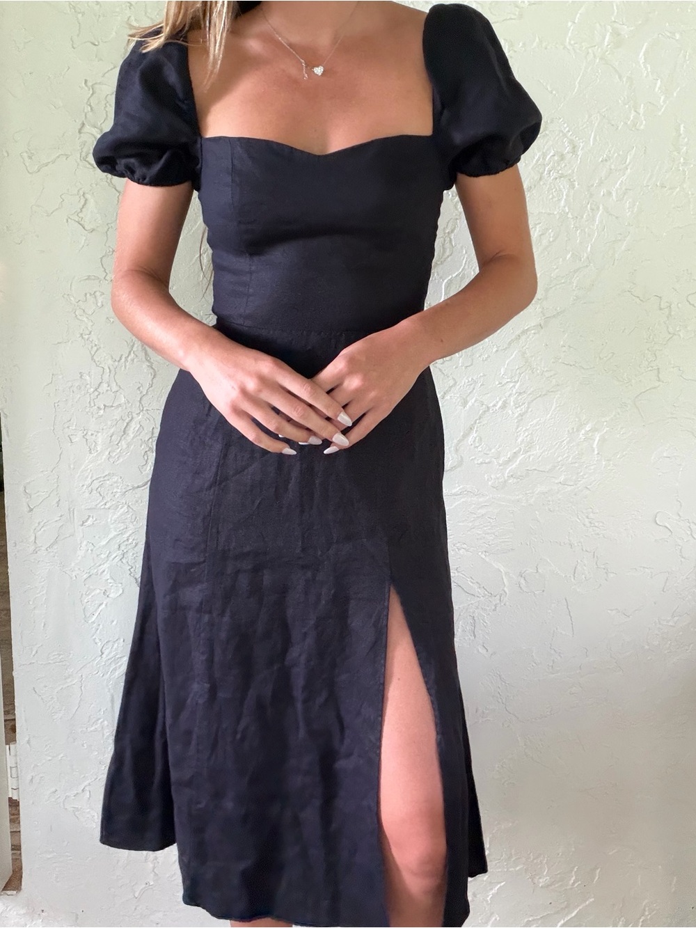 Reformation Black Puff-Sleeve Midi Dress with Side Slit